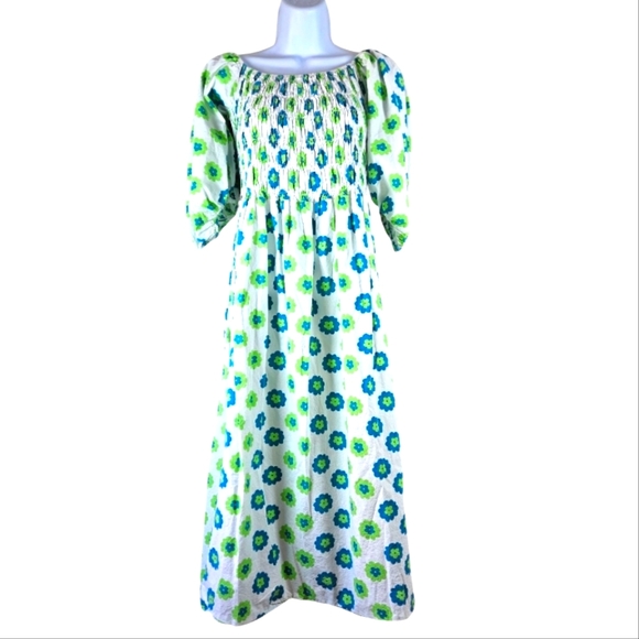 Beulah white blue green floral smocked dress Womens One Size - Picture 1 of 10
